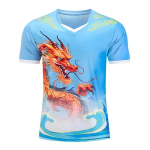 Close-up detail of blue quick-dry T-shirt with vibrant dragon boat racing print