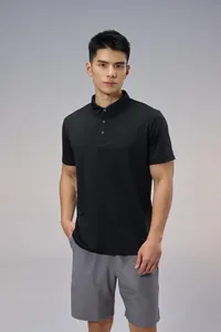 Full front view of a professional men's breathable black quick-dry athletic polo shirt