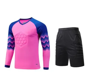 Professional padded pink and blue goalkeeper jersey set with protective shorts