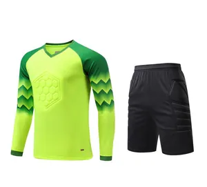 Professional padded goalkeeper soccer kit featuring neon yellow jersey and black training shorts
