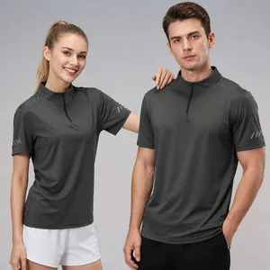 T-shirt de sport gris en soie glacée à demi-zip pour hommes et femmes fitness