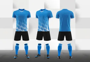 Blue soccer uniform set including short-sleeved jersey, black shorts, and socks for training