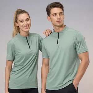 T-shirts de sport en soie glacée à séchage rapide pour hommes et femmes avec demi-zip