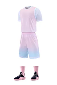 Complete basketbalset met roze en blauw kleurverloop en fake two-piece jersey
