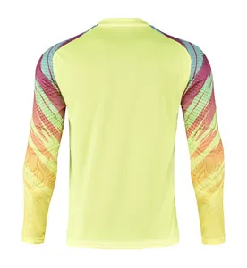 Back view of fluorescent yellow long-sleeved goalkeeper jersey with colorful patterned sleeves