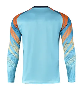 Back view of professional light blue long sleeve football goalkeeper jersey with pads.
