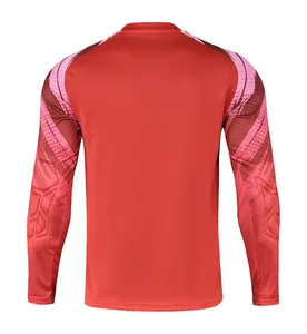 Back view of red long-sleeved goalkeeper soccer training jersey with sleeve patterns