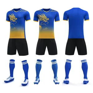 Blue and yellow gradient dragon boat jersey set with dragon print and matching long socks.