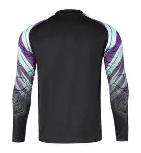 Back view of a black long-sleeved football goalkeeper jersey with purple sleeve graphics.
