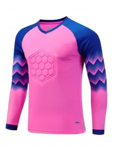 Pink and blue long-sleeve goalkeeper jersey with a padded protective chest zone
