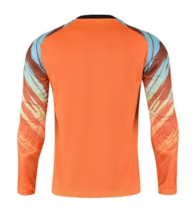 Detailed back view of orange long-sleeved soccer goalkeeper jersey with padded sleeves