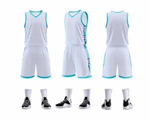 Professionelles weißes Basketball-Trikot-Set aus schnell trocknendem Stoff in drei Ansichten