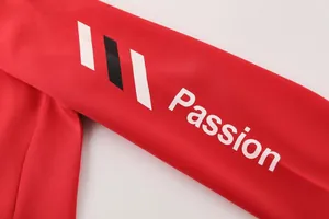 Nahaufnahme der roten Trainingsjacke mit Passion-Logo und dekorativen Streifen
