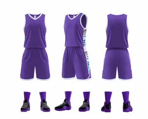 Lila Basketball-Uniform-Set mit Vorder- Seiten- und Rückansicht für Herren und Kinder