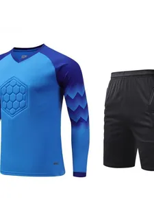 Professional blue padded goalkeeper jersey set with black shorts for soccer training
