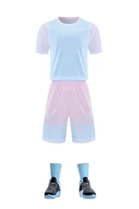 Blauw en roze verloop basketbaltenue set met ademend mesh shirt en korte broek