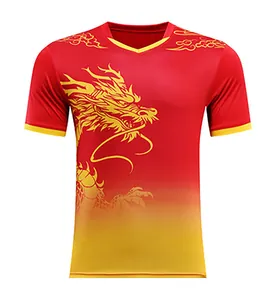 Detailed view of quick-dry sports T-shirt featuring golden dragon and cloud prints