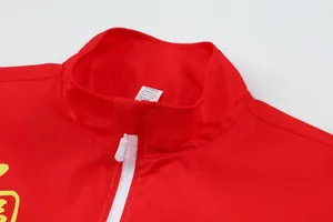 Nahaufnahme des Kragens und des inneren Stoffetiketts einer roten Sportjacke