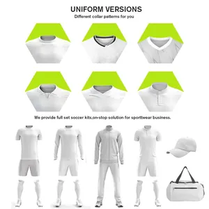 Different collar styles and full soccer kit sets for custom sportwear business.
