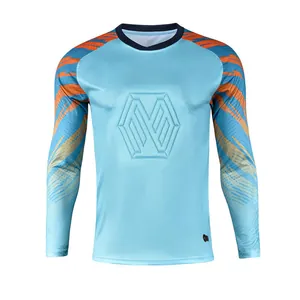 Padded long sleeve soccer goalkeeper jersey with blue and orange patterned sleeves