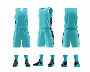 Lake blaues Basketball-Trikot-Set und passende Schuhe in Vorder-, Seiten- und Rückansicht