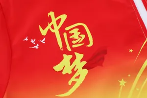 Detailansicht der chinesischen Kalligraphie auf der rot-gelben Sportjacke Design.
