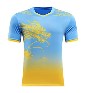 Detail view of quick-dry dragon boat racing shirt with vibrant blue yellow gradient