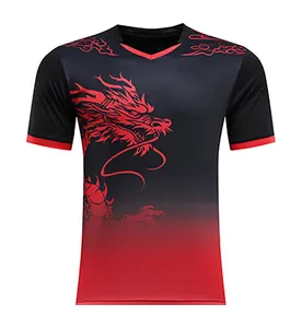 Detail of the red dragon print on a black and red gradient breathable sports T-shirt.