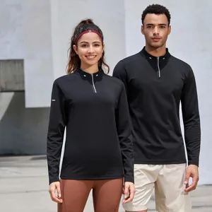 Maglia sportiva nera a maniche lunghe traspirante con colletto a metà zip per uomo e donna