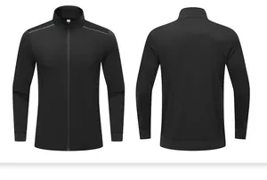 Vorder- und Rückansicht der schwarzen Herren-Sportjacke mit Stehkragen und Streifen