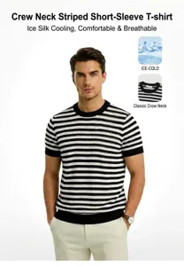 Detail view of men's premium ice-silk striped knit short sleeve crew neck T-shirt