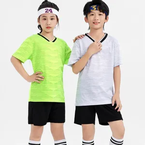 Kids' breathable soccer jersey and shorts training set with striped pattern and V-neck design