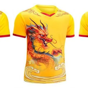 Vibrant yellow dry-fit dragon boat racing jersey with traditional dragon print