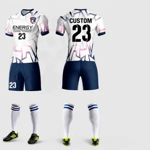 Detail of custom soccer jersey with white and sapphire blue geometric sublimation pattern