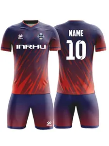 Custom sublimation soccer jersey set with red and blue gradient dynamic patterns.