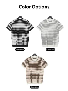Showcasing three color variants of striped knitted T-shirts: black, grey, and brown stripes.