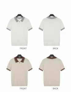 Detaillierte Vorder- und Rückansicht von Herren-Strick-Poloshirts in Weiß und Beige.