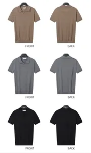 Dettagli fronte e retro di polo in maglia da uomo nei colori kaki, grigio e nero.