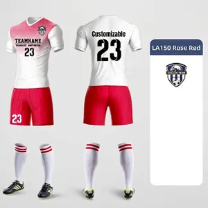 Professional custom rose red and white soccer jersey kit with retro digital print design