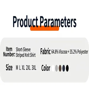 Detailed specifications for striped men's polo shirt, featuring material and size charts