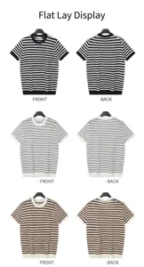 Front and back views of men's striped short-sleeved knit crew neck T-shirts in three colors.