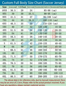 Detailed size chart for custom soccer jerseys with height and weight measurements