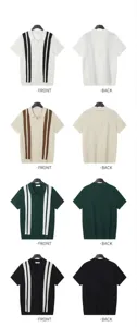 Four colors of short sleeve knit Polo shirts with contrasting stripes, front and back views