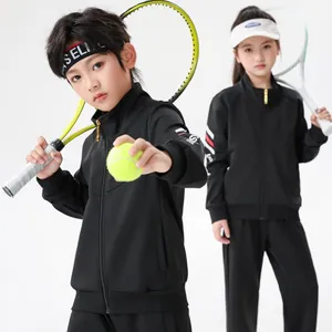 Schwarzer langärmeliger Trainingsanzug für Kinder für Tennis- oder Badmintontraining