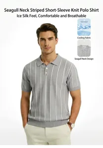 Close-up detail of men's grey striped knit polo shirt with ice silk cooling fabric