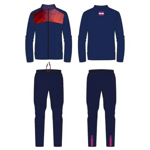 Front and back view of navy blue sublimation soccer tracksuit set with red pattern