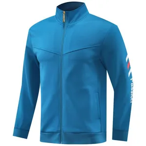 Blaue langärmelige Badminton-Trainingsjacke mit Stehkragen und Passion-Ärmeldruck-Design