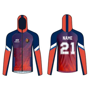 Professional custom sublimation soccer jersey design with red and navy blue gradient.
