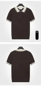 Herren Strick-Poloshirt in Kaffeebraun mit cremefarbenem Kontrastkragen und Reißverschluss