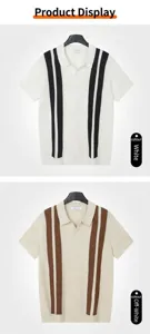 Detailed view of knitted polo shirts with elegant vertical contrast stripe design